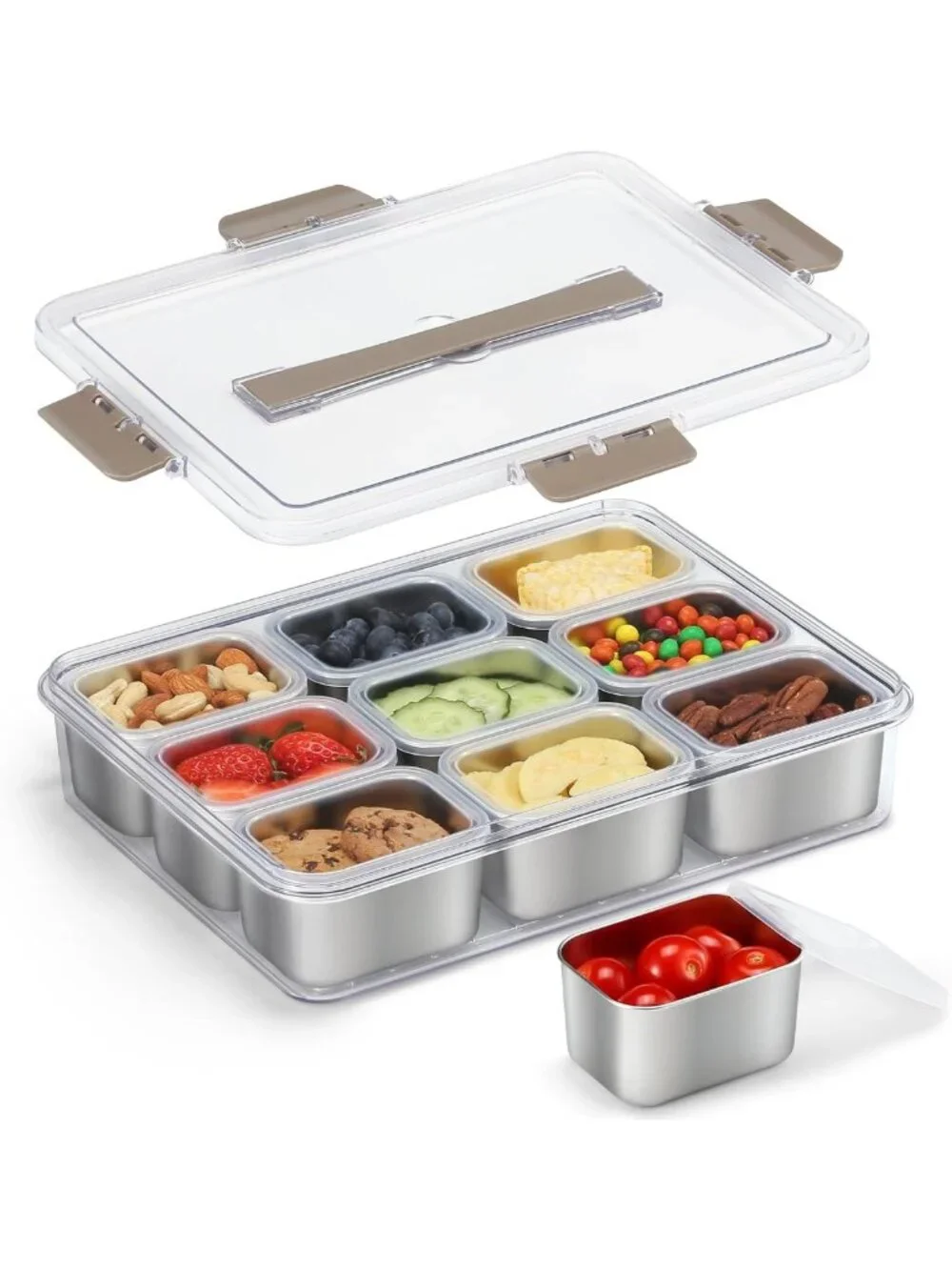 Portable Stainless Steel Snack Container with 9 Compartments & Lids - Perfect
